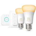 Philips Hue White Ambiance E27 - Starter Set mit 2 Glühbirnen, 2x E27/8W + Bridge + Dimmschalter (929002468406)