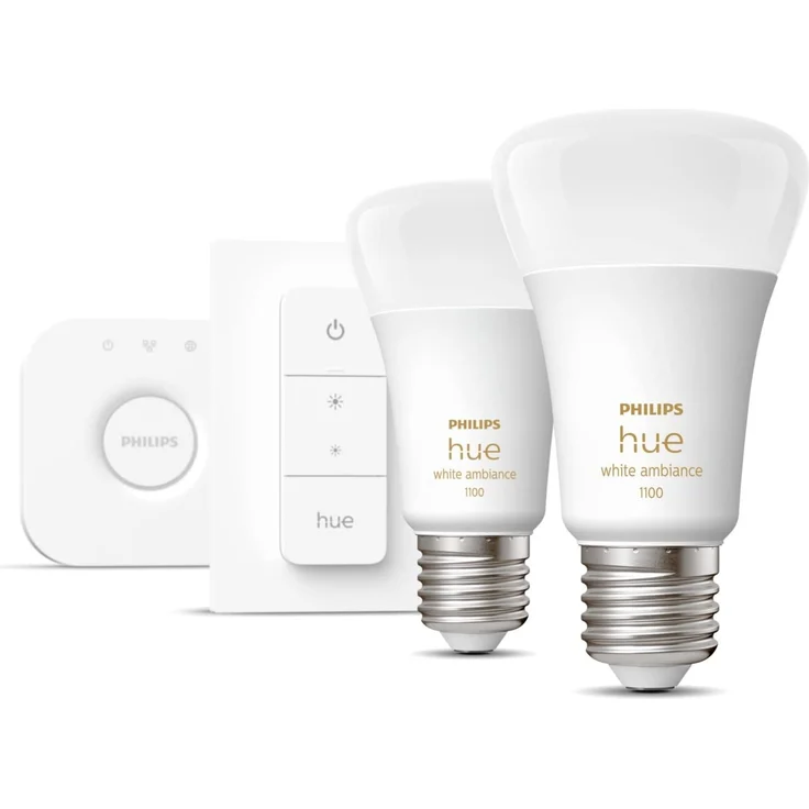 Philips Hue White Ambiance E27 - Starter Set mit 2 Glühbirnen, 2x E27/8W + Bridge + Dimmschalter (929002468406) – Bild 2