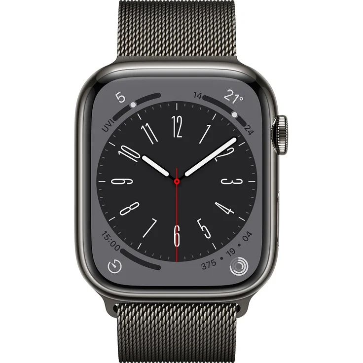 Apple Watch Series 8 Smartwatch GPS + Cellular, 45mm, Edelstahgehäuse Graphit, Milanaise-Armband Graphit (MNKX3FD/A) – Bild 2