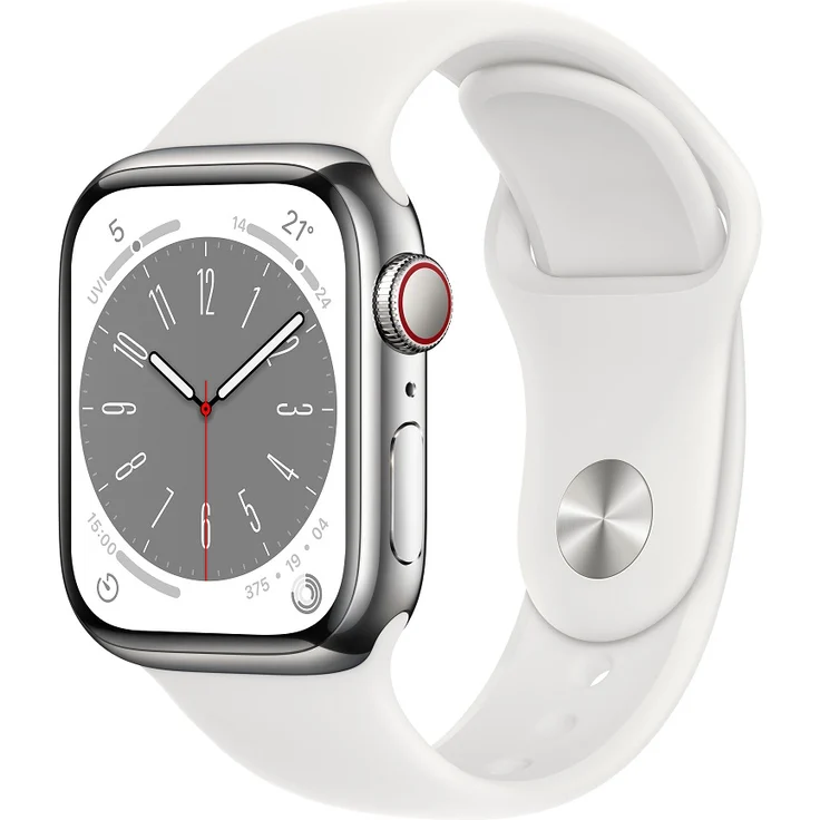 Apple Watch Series 8 Smartwatch GPS + Cellular, 41mm, Edelstahgehäuse Silber, Sportarmband Weiß (MNJ53FD/A) – Bild 1