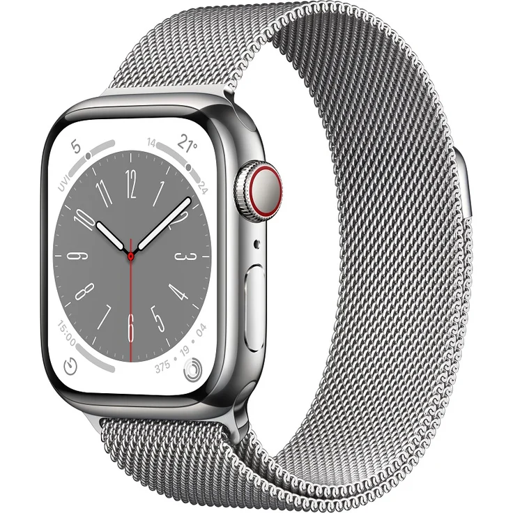 Apple Watch Series 8 Smartwatch GPS + Cellular, 41mm, Edelstahgehäuse Silber, Milanaise-Armband Silber (MNJ83FD/A) – Bild 1