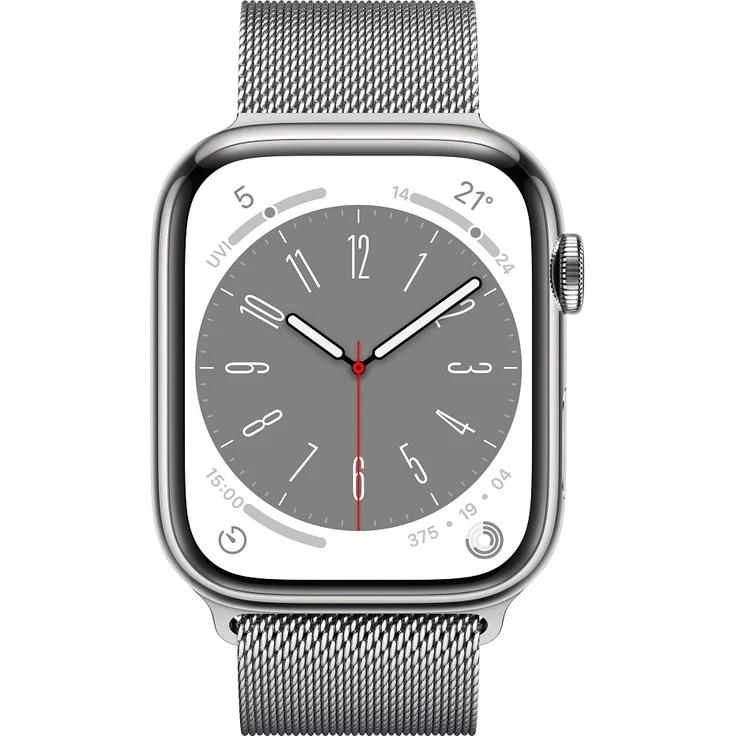Apple Watch Series 8 Smartwatch GPS + Cellular, 45mm, Edelstahgehäuse Silber, Milanaise-Armband Silber (MNKJ3FD/A) – Bild 2