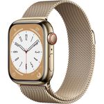 Apple Watch Series 8 Smartwatch GPS + Cellular, 41mm, Edelstahgehäuse Gold, Milanaise-Armband Gold (MNJF3FD/A)
