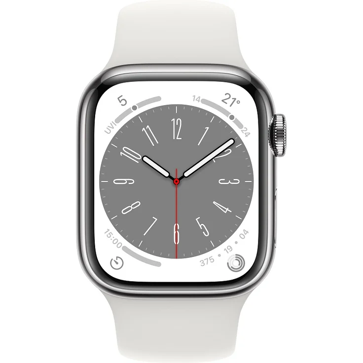 Apple Watch Series 8 Smartwatch GPS + Cellular, 41mm, Edelstahgehäuse Silber, Sportarmband Weiß (MNJ53FD/A) – Bild 2
