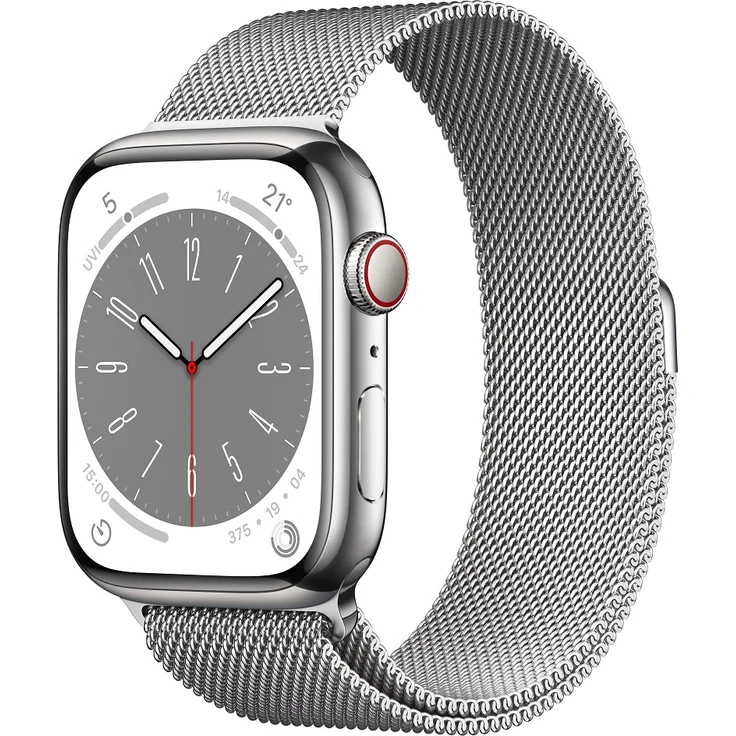 Apple Watch Series 8 Smartwatch GPS + Cellular, 45mm, Edelstahgehäuse Silber, Milanaise-Armband Silber (MNKJ3FD/A) – Bild 1