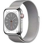 Apple Watch Series 8 Smartwatch GPS + Cellular, 45mm, Edelstahgehäuse Silber, Milanaise-Armband Silber (MNKJ3FD/A)