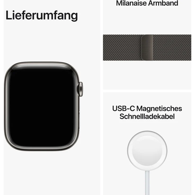 Apple Watch Series 8 Smartwatch GPS + Cellular, 45mm, Edelstahgehäuse Graphit, Milanaise-Armband Graphit (MNKX3FD/A) – Bild 9