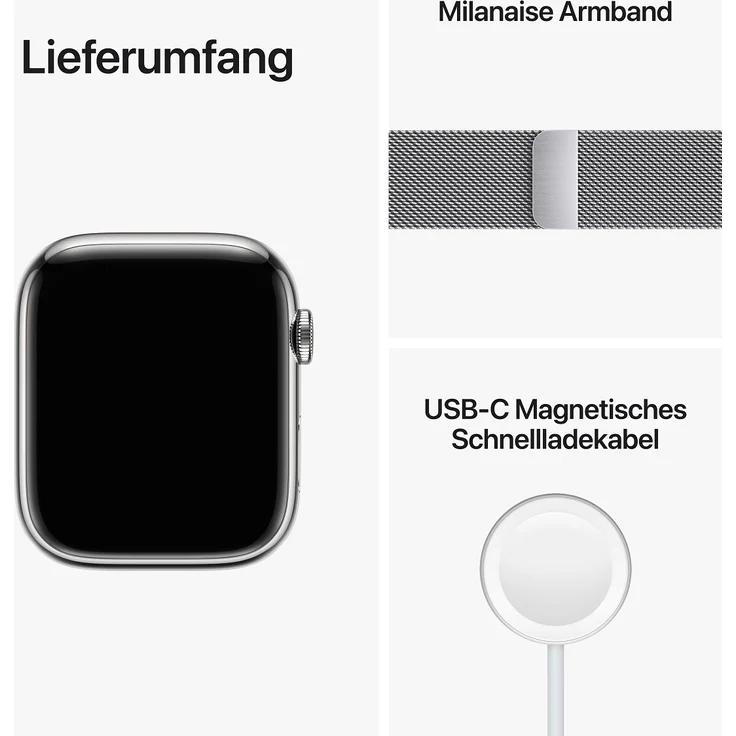 Apple Watch Series 8 Smartwatch GPS + Cellular, 45mm, Edelstahgehäuse Silber, Milanaise-Armband Silber (MNKJ3FD/A) – Bild 9