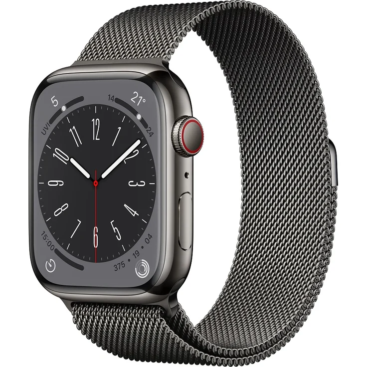 Apple Watch Series 8 Smartwatch GPS + Cellular, 45mm, Edelstahgehäuse Graphit, Milanaise-Armband Graphit (MNKX3FD/A) – Bild 1