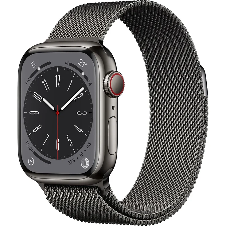 Apple Watch Series 8 Smartwatch GPS + Cellular, 41mm, Edelstahgehäuse Graphit, Milanaise-Armband Graphit (MNJM3FD/A) – Bild 1