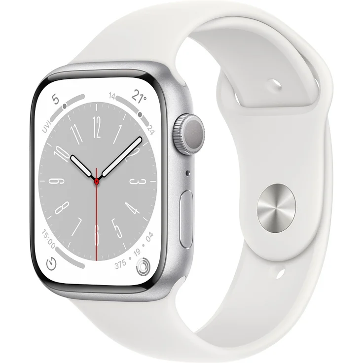 Apple Watch Series 8 Smartwatch GPS, 45mm, Aluminiumgehäuse Silber, Sportarmband Weiß (MP6N3FD/A) – Bild 1