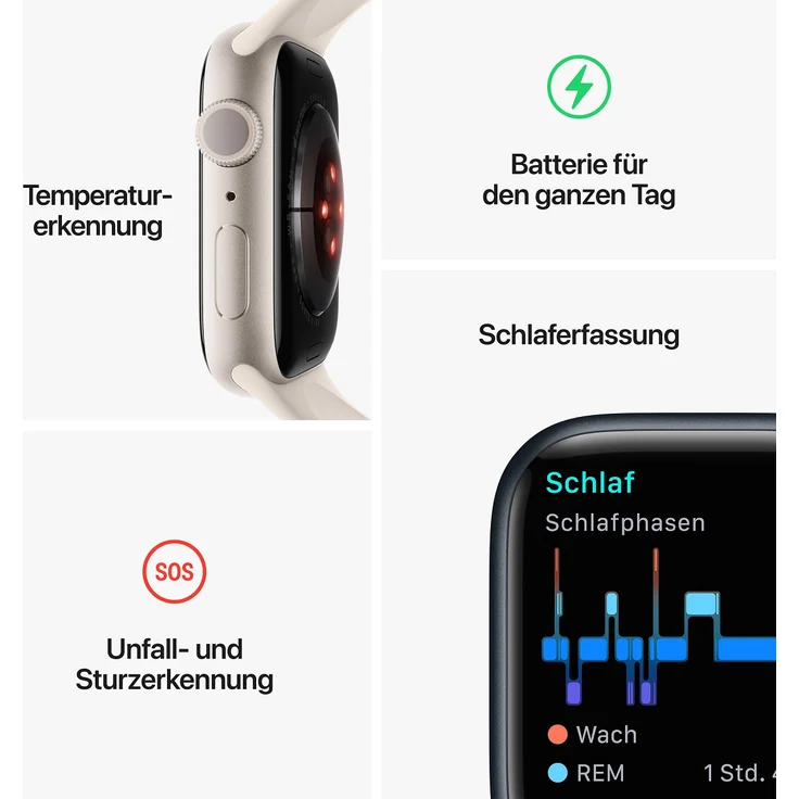 Apple Watch Series 8 Smartwatch GPS, 41mm, Aluminiumgehäuse Polarstern, Sportarmband Polarstern (MNP63FD/A) – Bild 8