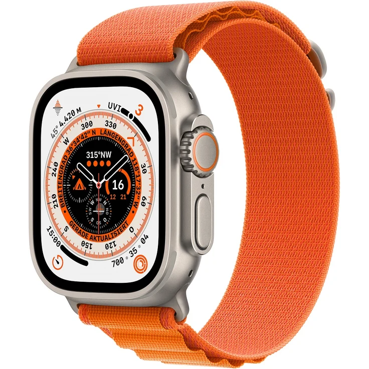Apple Watch Ultra Smartwatch GPS + Cellular, 49mm, Titangehäuse, Alpine Loop Orange - Medium (MQFL3FD/A) – Bild 1