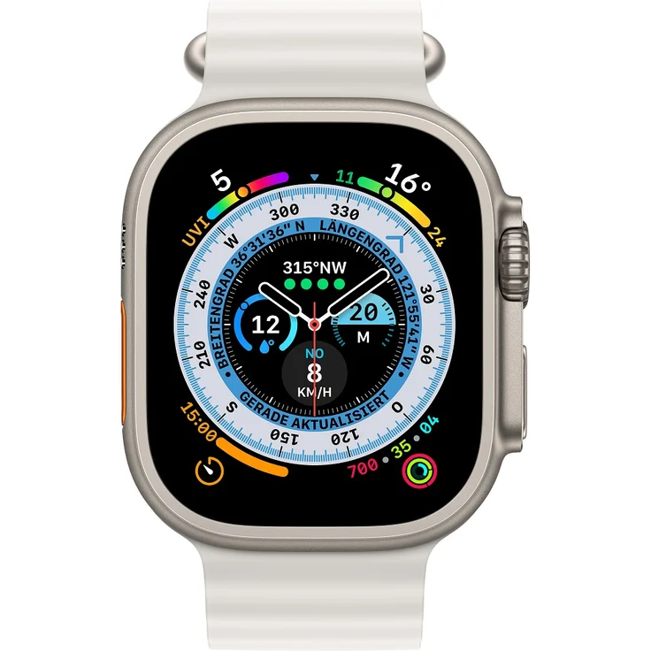 Apple Watch Ultra Smartwatch GPS + Cellular, 49mm, Titangehäuse, Ocean Armband Weiß (MNHF3FD/A) – Bild 2