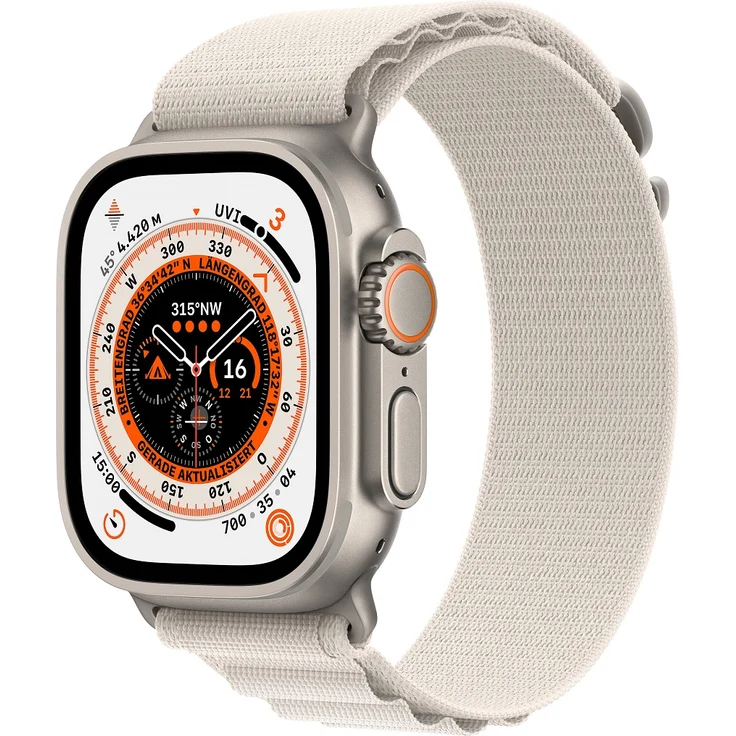 Apple Watch Ultra Smartwatch GPS + Cellular, 49mm, Titangehäuse, Alpine Loop Polarstern - Small (MQFQ3FD/A) – Bild 1