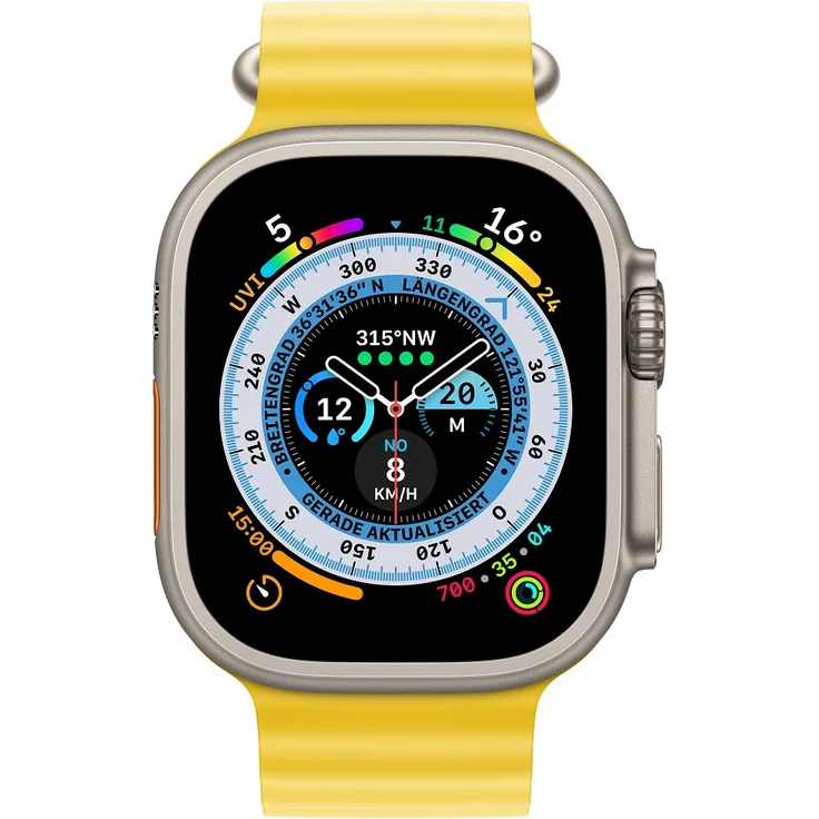 Apple Watch Ultra Smartwatch GPS + Cellular, 49mm, Titangehäuse, Ocean Armband Gelb (MNHG3FD/A) – Bild 2