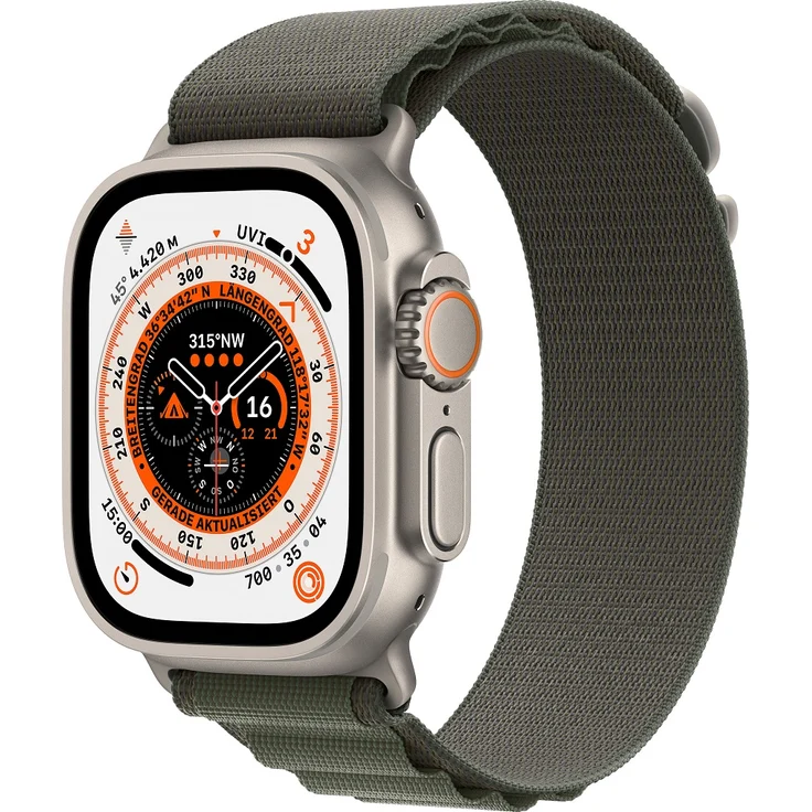 Apple Watch Ultra Smartwatch GPS + Cellular, 49mm, Titangehäuse, Alpine Loop Grün - Small (MNHJ3FD/A) – Bild 1