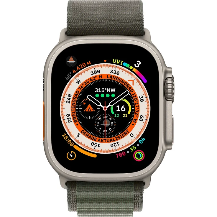Apple Watch Ultra Smartwatch GPS + Cellular, 49mm, Titangehäuse, Alpine Loop Grün - Large (MQFP3FD/A) – Bild 2
