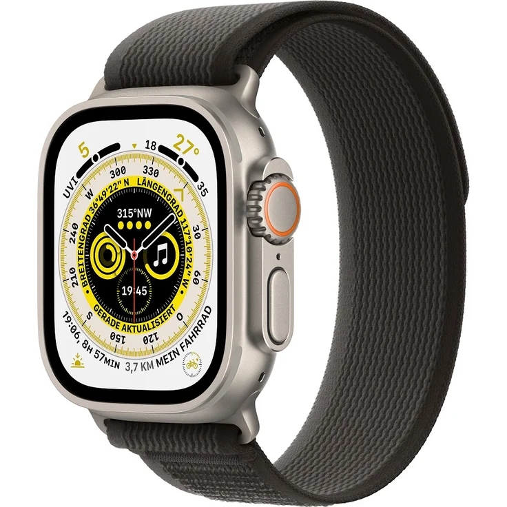 Apple Watch Ultra Smartwatch GPS + Cellular, 49mm, Titangehäuse, Trail Loop Schwarz/Grau - S/M (MQFW3FD/A) – Bild 1