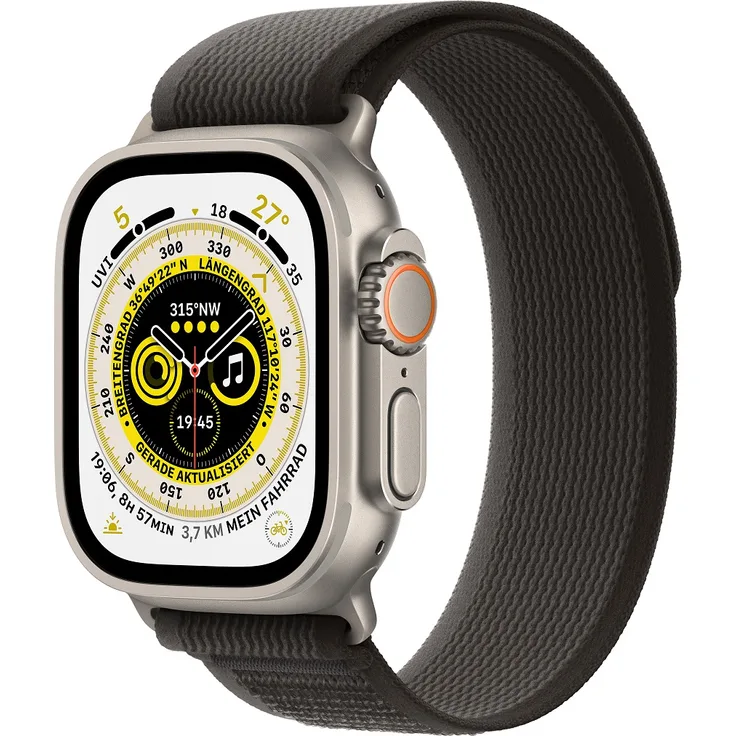 Apple Watch Ultra Smartwatch GPS + Cellular, 49mm, Titangehäuse, Trail Loop Schwarz/Grau - S/M (MQFW3FD/A)
