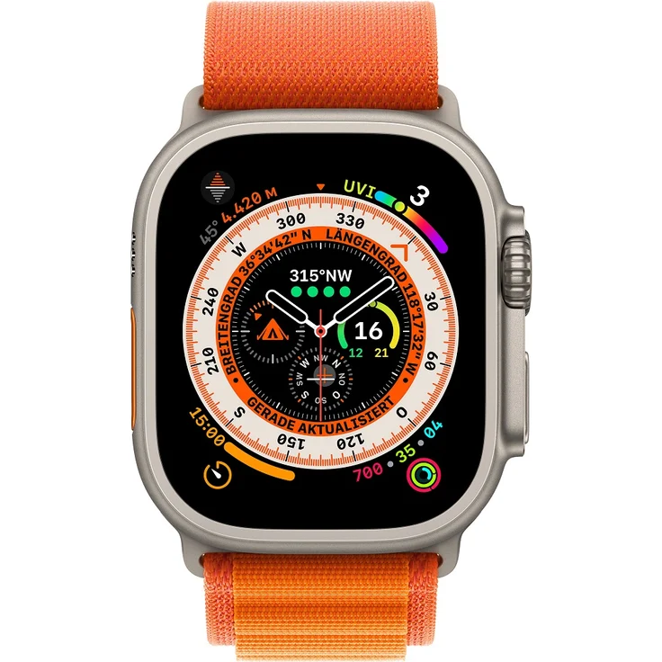 Apple Watch Ultra Smartwatch GPS + Cellular, 49mm, Titangehäuse, Alpine Loop Orange - Medium (MQFL3FD/A) – Bild 2