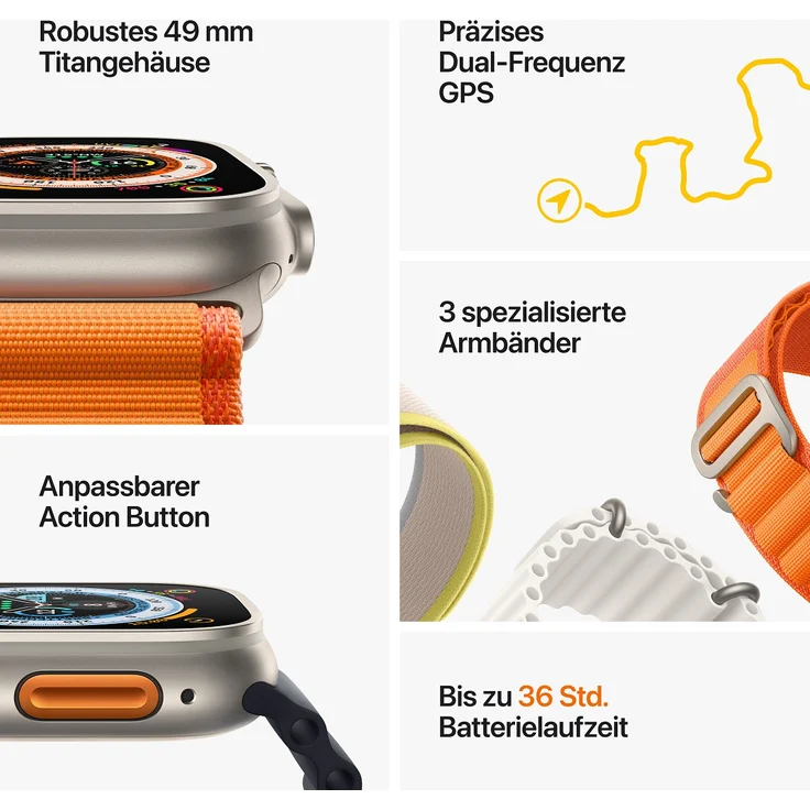 Apple Watch Ultra Smartwatch GPS + Cellular, 49mm, Titangehäuse, Ocean Armband Mitternacht (MQFK3FD/A) – Bild 8
