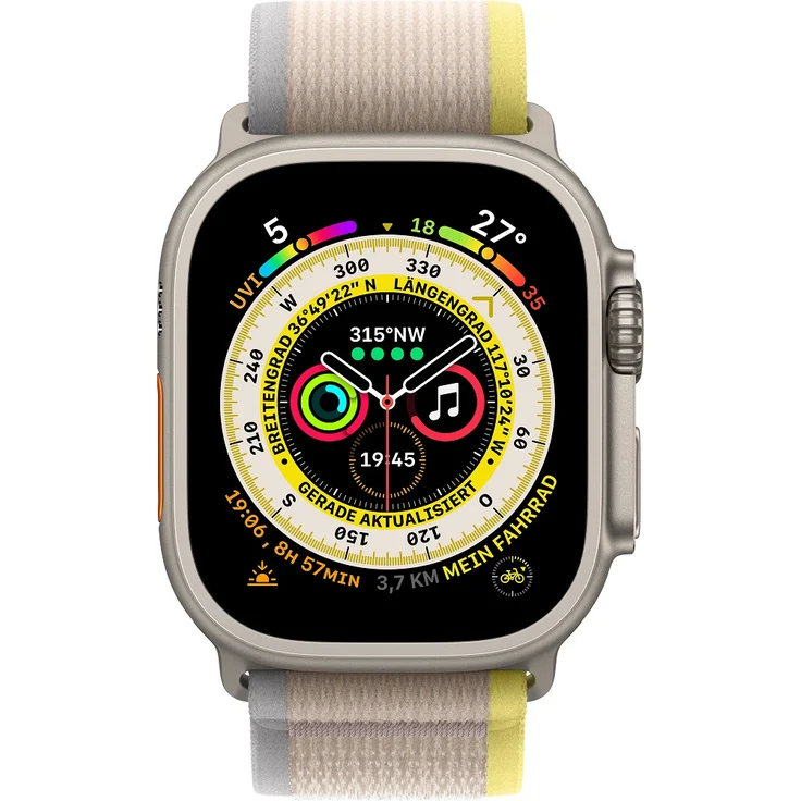 Apple Watch Ultra Smartwatch GPS + Cellular, 49mm, Titangehäuse, Trail Loop Gelb/Beige - M/L (MQFU3FD/A) – Bild 2