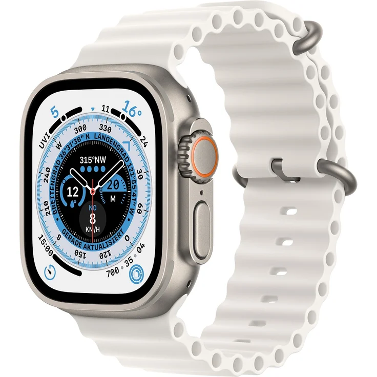 Apple Watch Ultra Smartwatch GPS + Cellular, 49mm, Titangehäuse, Ocean Armband Weiß (MNHF3FD/A) – Bild 1