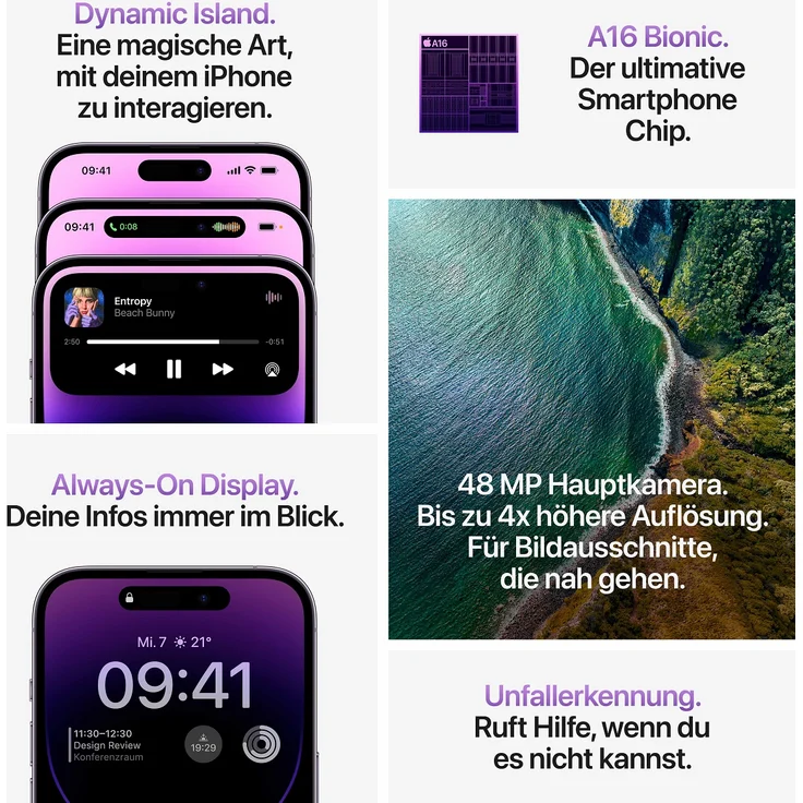 Apple iPhone 14 Pro 5G Smartphone 15,494cm (6,1 Zoll) OLED-Display, 256GB interner Speicher, 6GB RAM, iOS 16, Silver (MQ103ZD/A) – Bild 7
