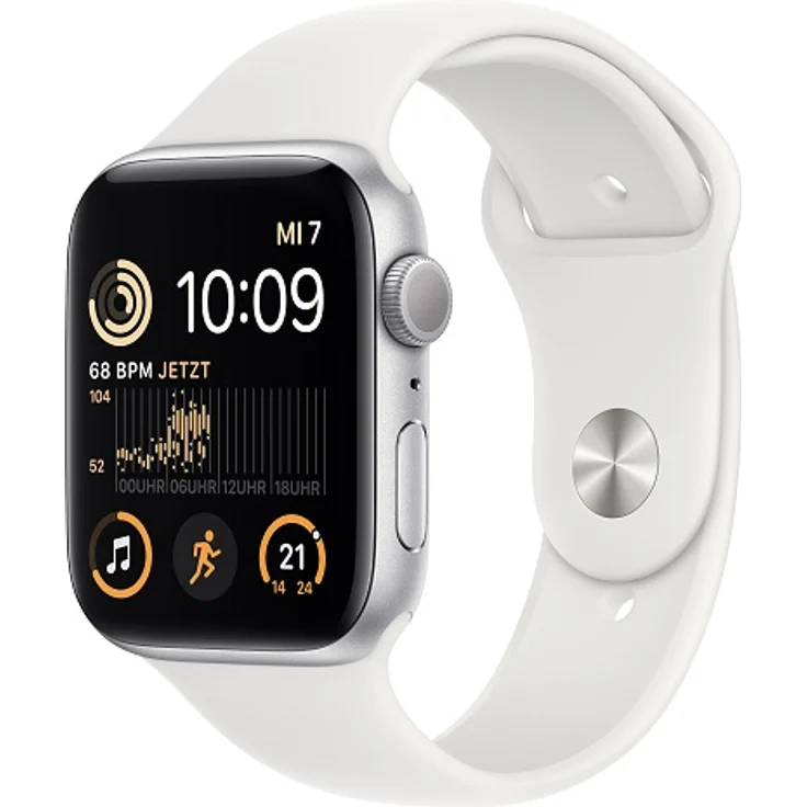 Apple Watch SE 2022 (2. Generation) GPS, 44mm, Aluminiumgehäuse Silber, Sportarmband Weiß – Bild 1