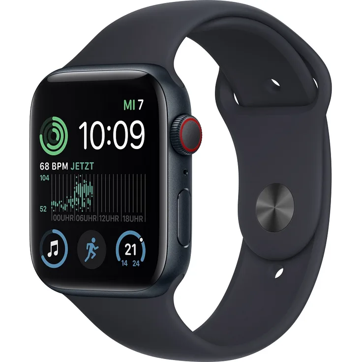 Apple Watch SE 2022 (2. Generation) Smartwatch GPS + Cellular, 44mm, Aluminiumgehäuse Mitternacht, Sportarmband Mitternacht (MNPY3FD/A)