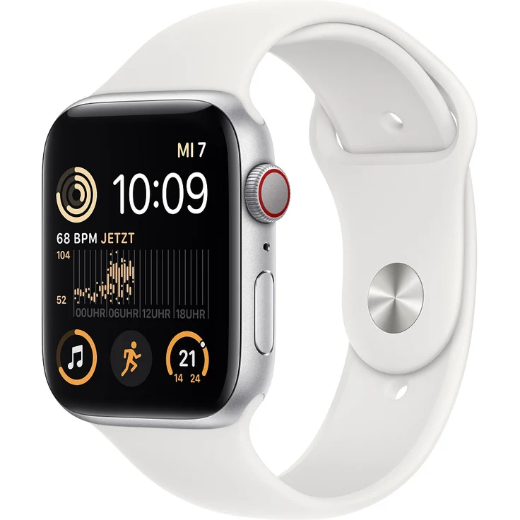 Apple Watch SE 2022 (2. Generation) Smartwatch GPS + Cellular, 44mm, Aluminiumgehäuse Silber, Sportarmband Weiß (MNQ23FD/A) – Bild 1