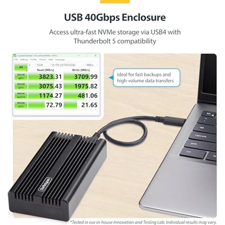 StarTech 1USB4-NVME-ENCLOSURE (M.2), ultrakompaktes USB4 Festplattengehäuse mit bis zu 3.800 MB/s, Schwarz – Bild 2