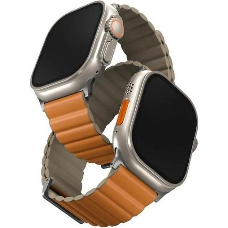 Uniq Revix Premium Uhrenarmband für Apple Watch Series 1/2/3/4/5/6/7/8/SE/SE2/Ultra, orange, aus Kunststoff und ökologischem Leder, mit Quick Release und Magnetverschluss, 42/44/45/49mm