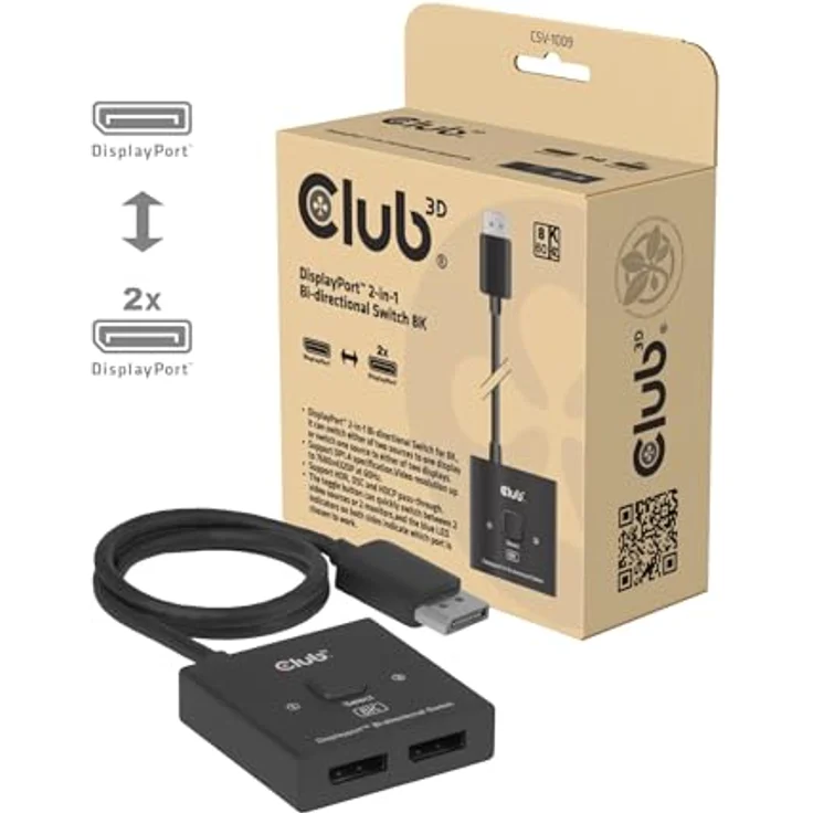 Club 3D CSV-1009 DisplayPort™ 2-in-1 bidirektionaler Switch 8K, Umschaltknopf, Plug-and-Play, DP1.4, bis zu 7680x4320P bei 60Hz – Bild 2