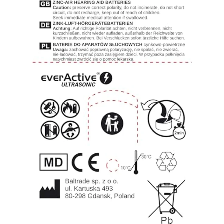 everActive 312, 6 Stück, Hörgerätebatterien, hohe Leistung, Zink-Luft-Batterien, 1 Blisterkarte, 4-jährige Haltbarkeit, braun, Ultrasonic PR41 – Bild 6