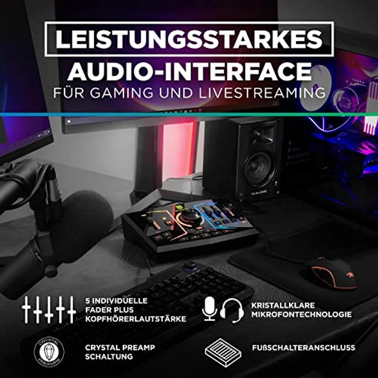 M-GAME RGB DUAL USB Audio Interface Mischpult für Streaming und Gaming mit XLR-Mikrofoneingang, optischem Eingang, Voice FX, RGB-Lichtern & Software, RGB Dual - Schwarz – Bild 4