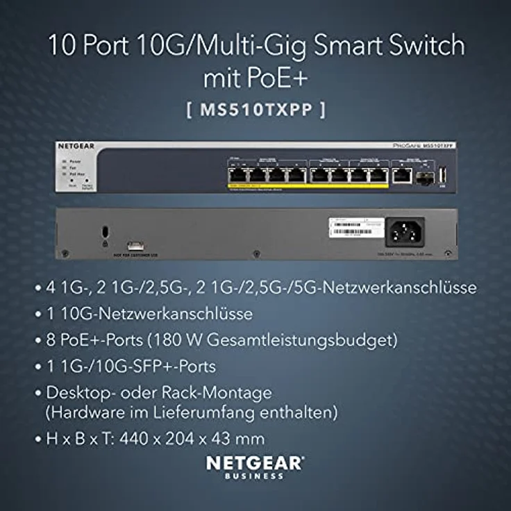 NETGEAR MS510TXPP 10-Port Multi-Gigabit-10G LAN PoE Switch Smart Managed Pro (mit 8x PoE+ 180W, 1x 10G-SFP+, Desktop- oder Rack-Montage) – Bild 2