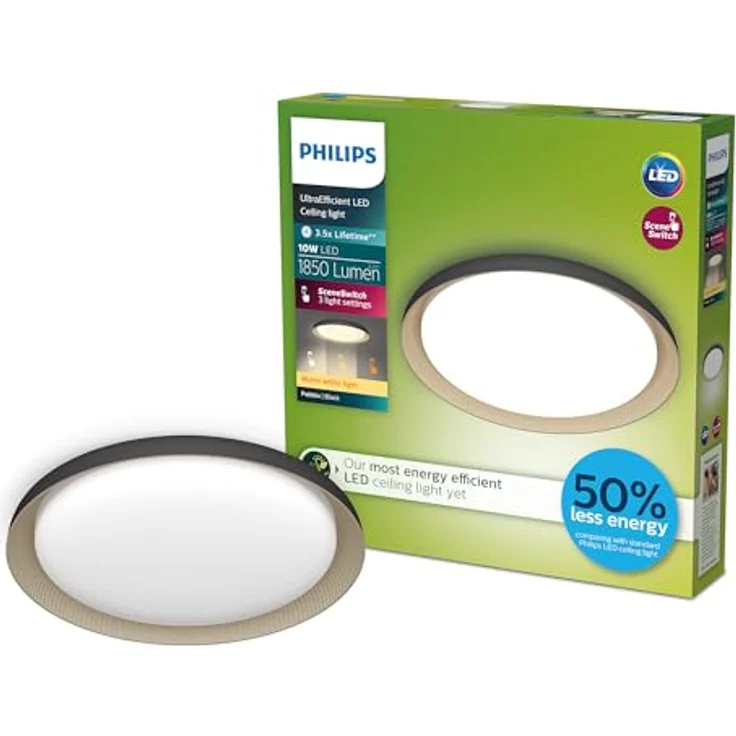 Philips Pebblo UltraEfficient LED Deckenleuchte, SceneSwitch, Schwarz, 10W, 1850Lm, 2700K, IP20, warmweißes Licht, 3 Lichteinstellungen – Bild 1