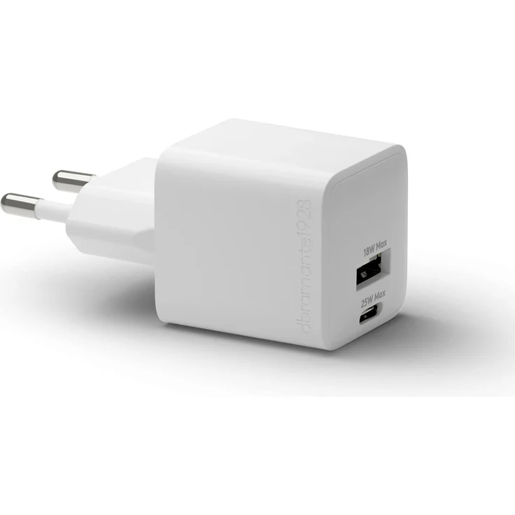dbramante1928 WALL CHARGER - USB-C+USB-A (25 W), Universelles Mini-GaN Ladegerät aus 100% recyceltem Kunststoff, Weiss