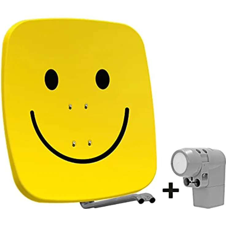 TechniSat SATMAN 65 PLUS - Satellitenschüssel (65 cm Sat Spiegel mit Masthalterung und UNYSAT Universal-Quattro-LNB im Wetterschutz-Gehäuse, gelb mit Smiley)
