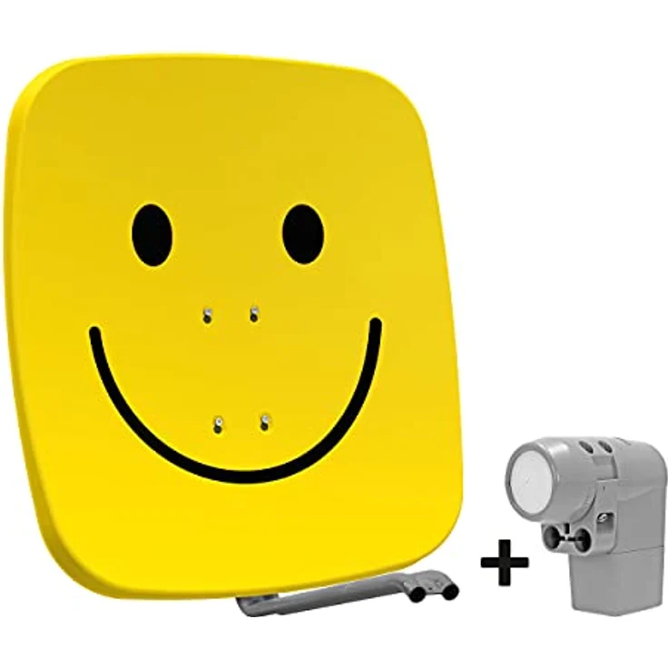 TechniSat SATMAN 65 PLUS - Satellitenschüssel (65 cm Sat Spiegel mit Masthalterung und UNYSAT Universal-Quattro-LNB im Wetterschutz-Gehäuse, gelb mit Smiley) – Bild 1