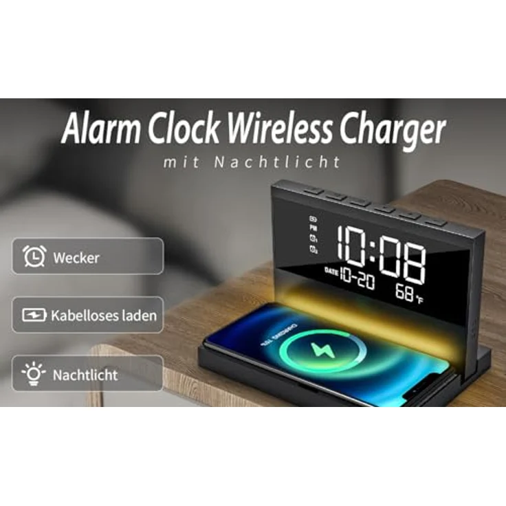 REFLEXION ACW2188 Wireless Charger, Wecker mit kabellosem Ladegerät, Großes Display für Uhrzeit, Datum und Temperatur, 2 Weckzeiten, Nachtlicht, USB Ladefunktion – Bild 1