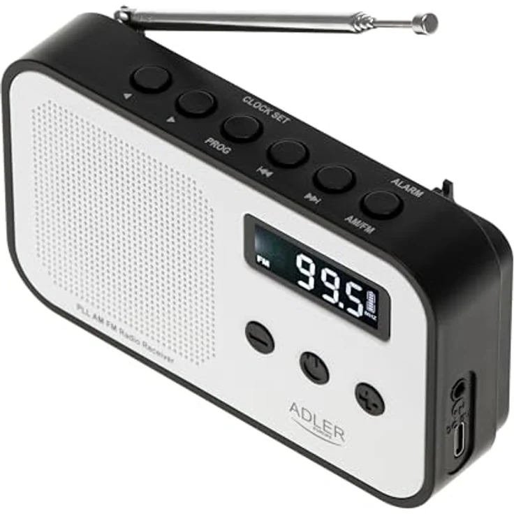 Adler AD 1907 PLL AM/FM-Digitalradio, modernes Radio mit Weckerfunktion, USB-C-Anschluss, weiß/schwarz – Bild 2