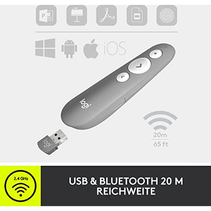 Logitech R500s Presenter mit Laser Klasse 1 für Bluetooth und USB – Universell kompatibel, 20 Meter Reichweite, konfigurierbar, intelligente Batterienutzung mit 12 Monaten Laufzeit – Hellgrau – Bild 4