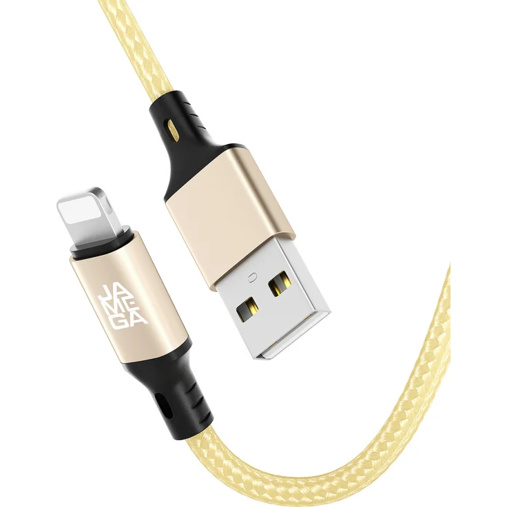 JAMEGA USB-A auf iPhone Nylon Kabel Typ A, 3m, Gold, kompatibel mit CarPlay, 2,4 A Ladeleistung, 480 Mbps Datenübertragung