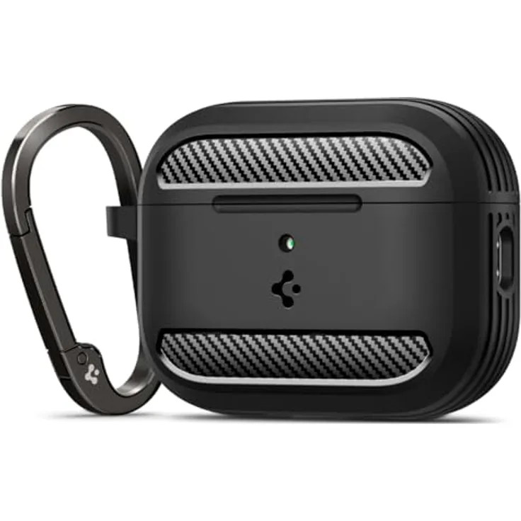 Spigen Rugged Armor Hülle Case für AirPods Pro 3. Generation (2025), Matt Schwarz, TPU-Gehäuse mit Karabiner und kabellosem Laden