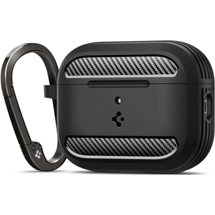 Spigen Rugged Armor Hülle Case für AirPods Pro 3. Generation (2025), Matt Schwarz, TPU-Gehäuse mit Karabiner und kabellosem Laden – Bild 1