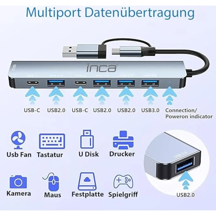 Inca IUTP-7T USB Hub, 7 in 2 Multiport Adapter mit USB 2.0 & 3.0, 100W Power Delivery, Aluminiumgehäuse, kompatibel mit Windows & Mac – Bild 3