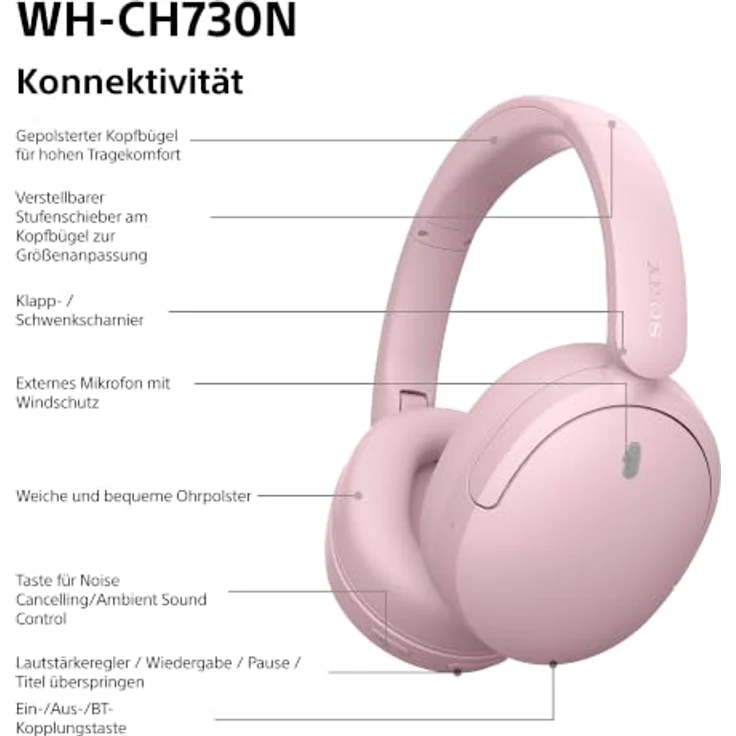 Sony WH-CH730N, Over-Ear Kopfhörer mit Noise-Cancelling, rosa – Bild 9
